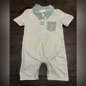 Abby and Evie Easter Boy Romper Sage Green Striped 12 month